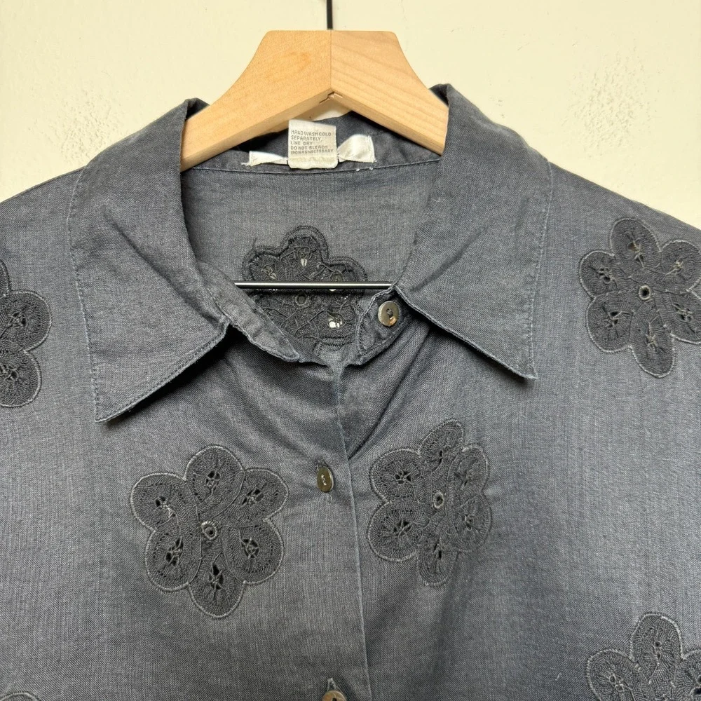 Poetic‎ Women 100% Ramie Button Down Top Black Crochet Bohemian Coastal Lagen